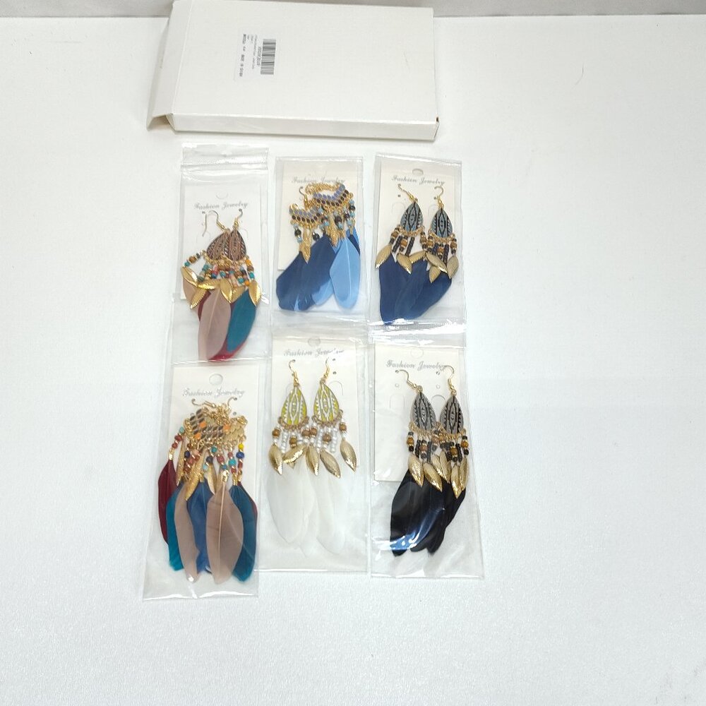 Fashion Jewelry Ethnic Feather Earrings Dangle Style Bohemian 6 Pair MK0556 NIB